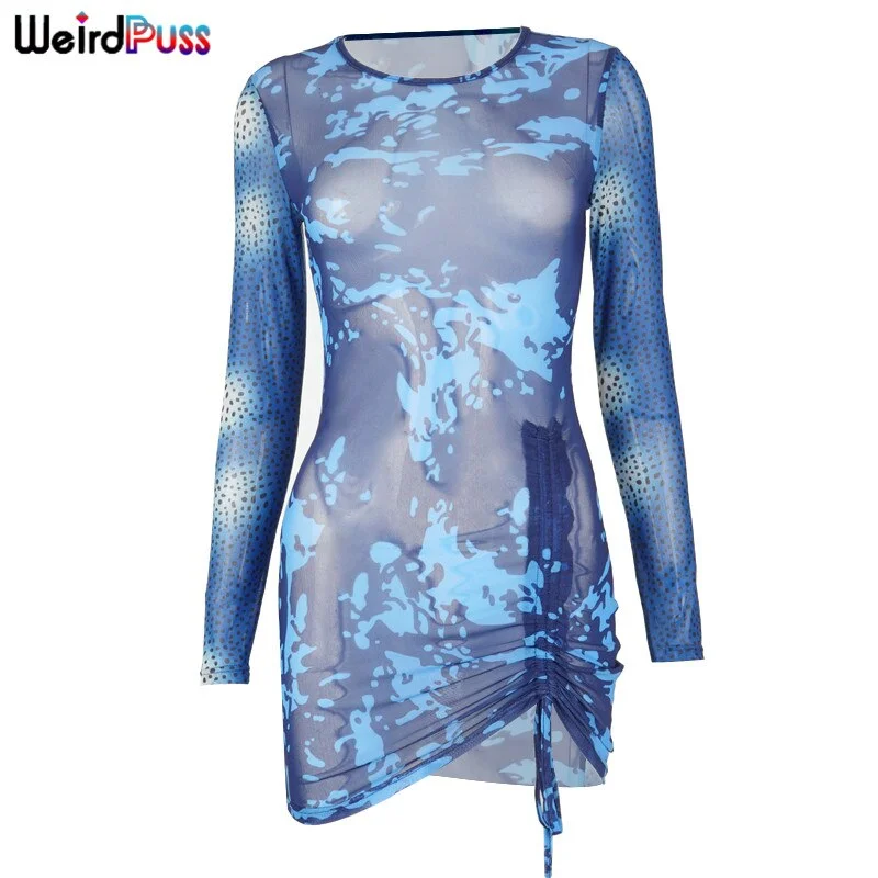Weird Puss Sexy Women Mesh Skinny Party Dress Drawstring Lace Up Ruched Long Sleeve Mini Bodycon Elastic Slim Vacation Club Wear