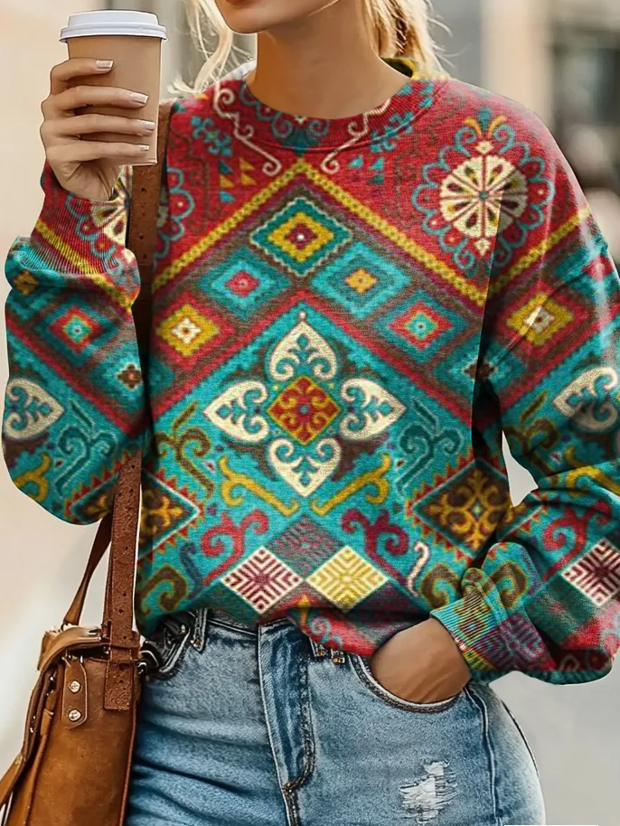 Retro Pattern Art Print Casual Sweatshirt