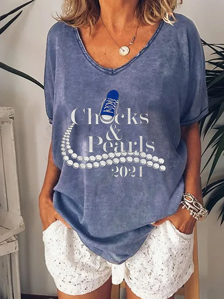 Bestdealfriday Chucks Pearls 2021 Short Sleeve V Neck Cotton Blend Letter Woman Tee