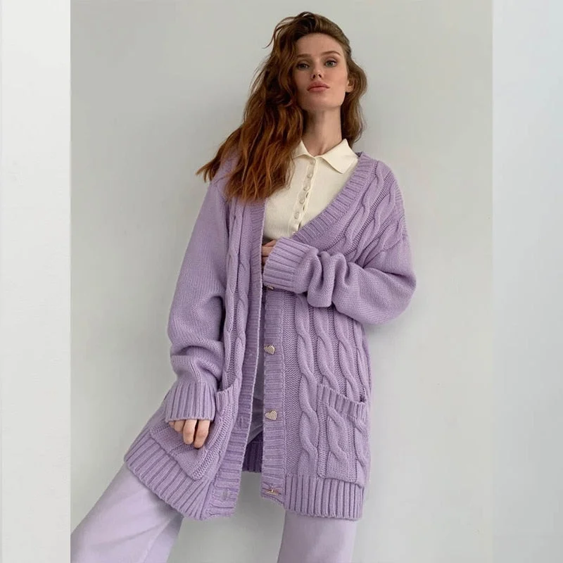 WannaThis Women Striped Jacquard Cardigans Sweater Autumn 2021 Oversize Loose Streetwear Korean Fashion Button Pockets Sweater