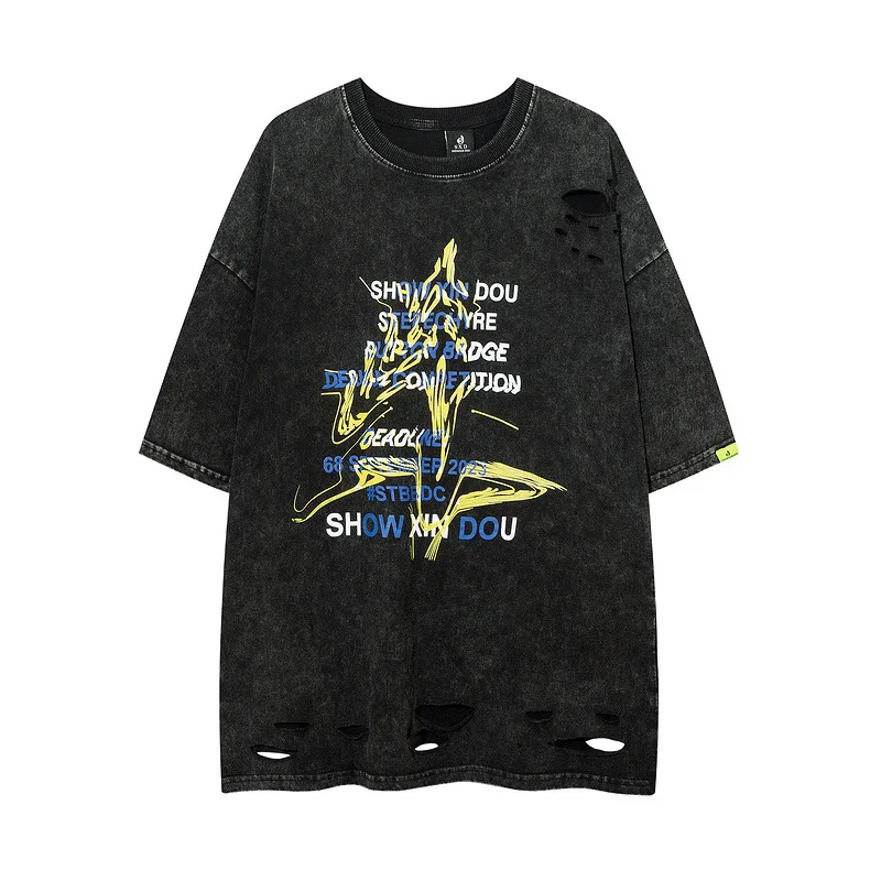 Men's American Hip Hop Wash Water Old Knife Cut Hole Short Sleeve T-shirt Oversized Couple Tee