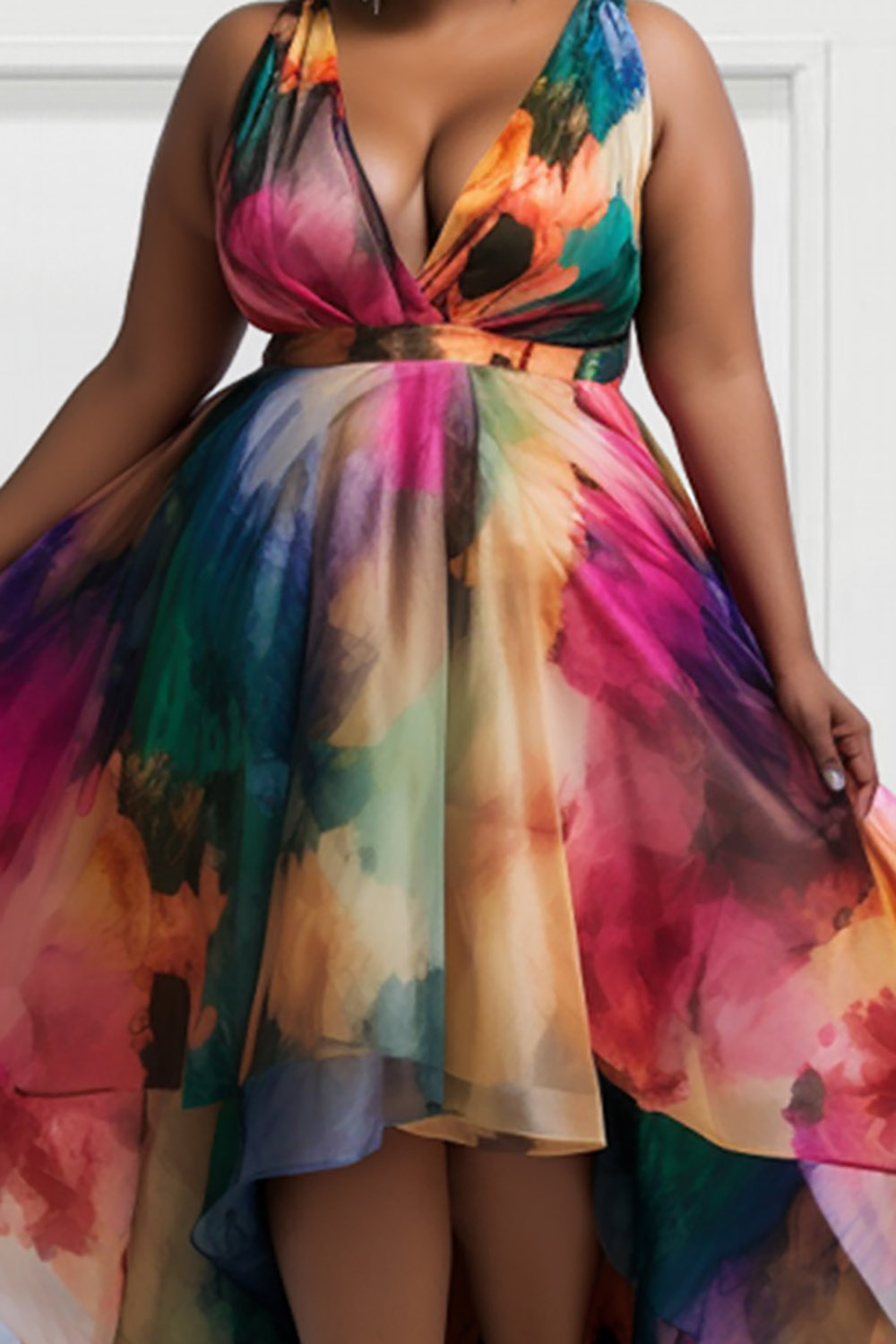 Design Plus Size Party Elegant Multicolor All Over Print V Neck Irregular Hem Organza Midi Dresses [Pre-Order]