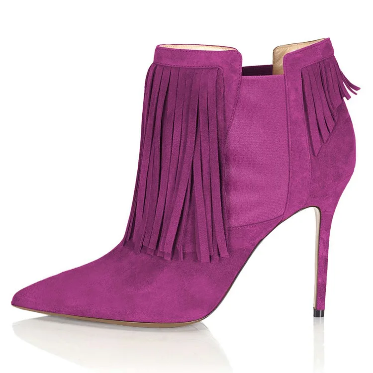 Purple Vegan Suede Fringe Boots Stiletto Heel Chelsea Boots |FSJ Shoes