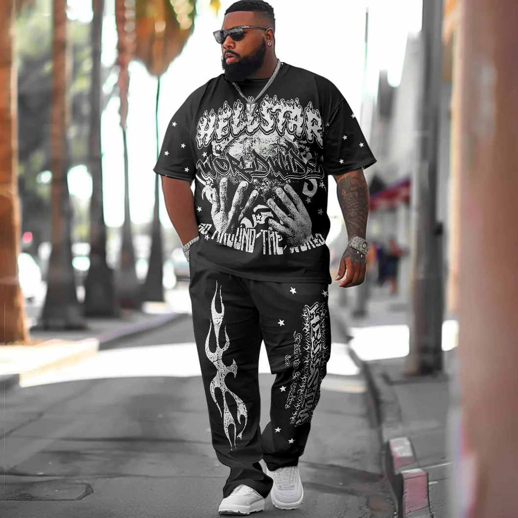 Men'S Plus Size Street Hell Star Short-Sleeved Tee And Pants Casual Two-Piece Set