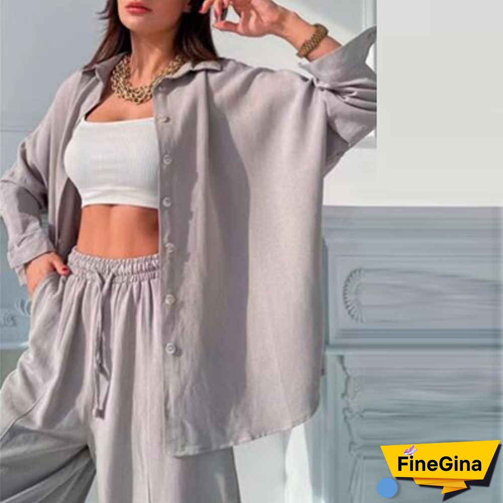 Fashion Street Solid Color Women Tracksuits Outfits Casual Suits Autumn Lapel Long Sleeve Shirt Tops + Harem Pants Two Piece Set