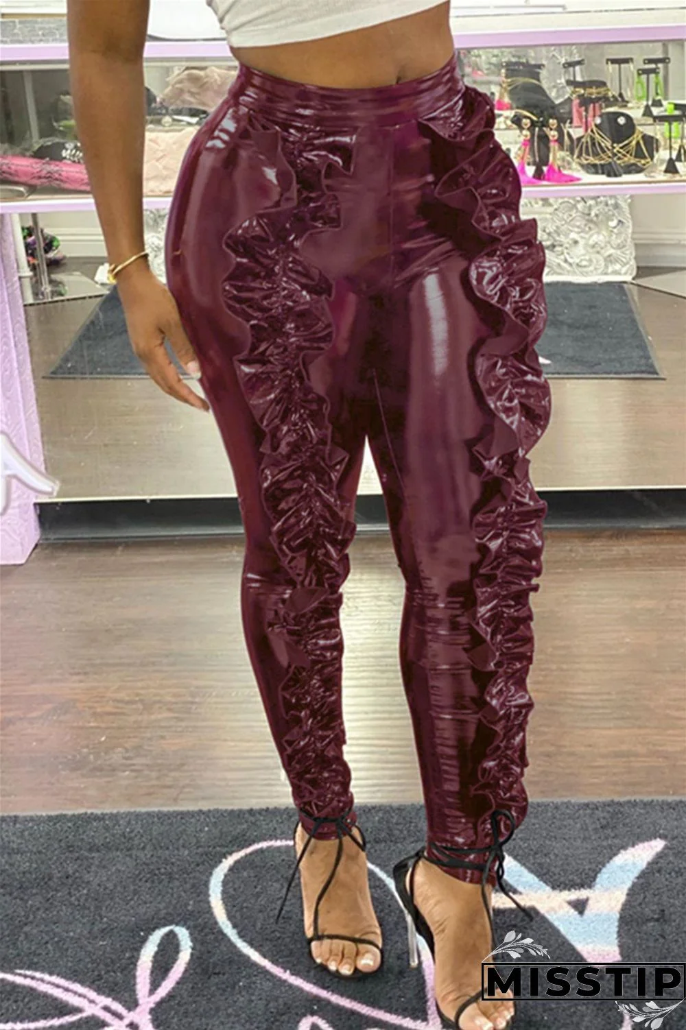 Wine Red Fashion Sexy Wooden Ear Trousers