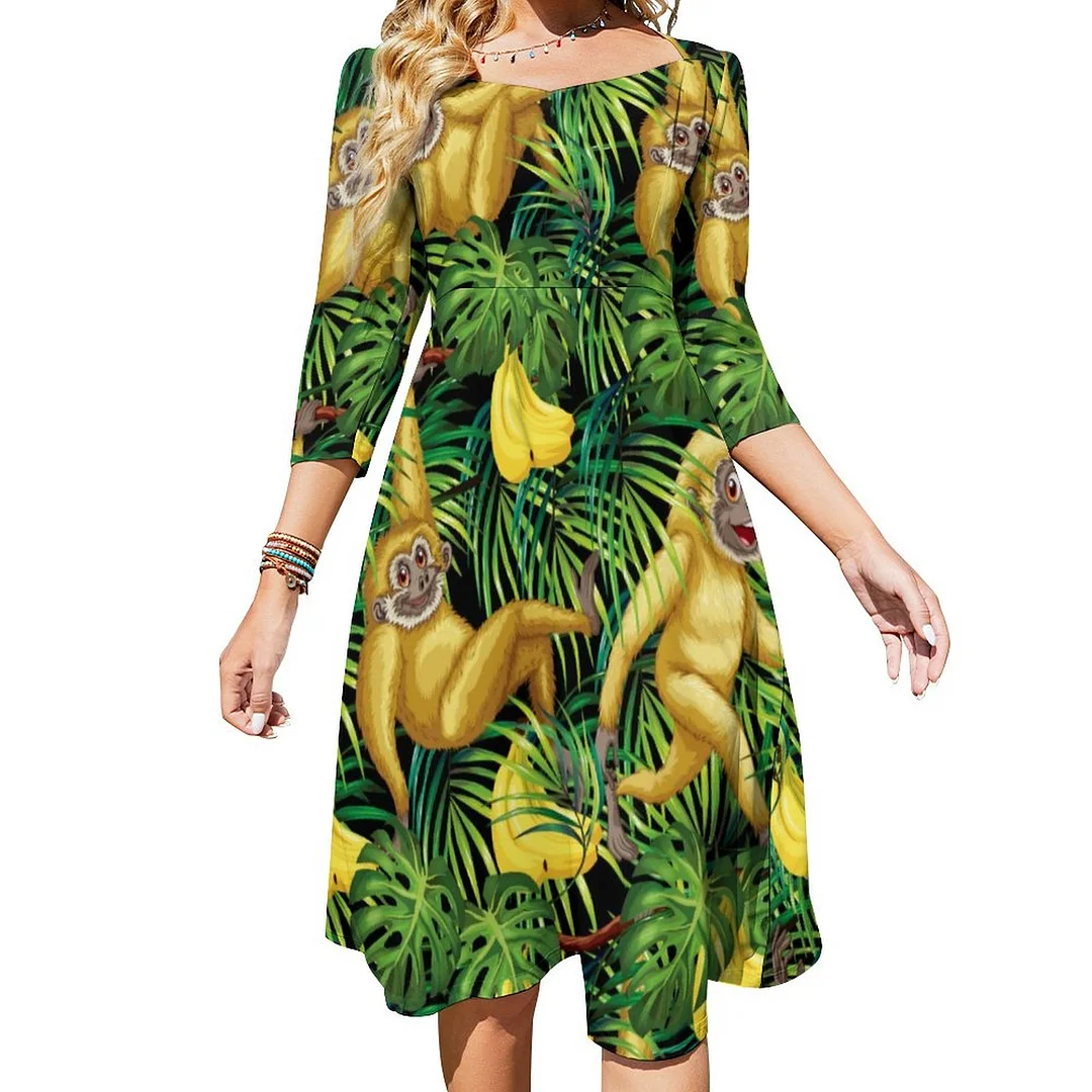 Gibbon Apes In Tropical Rainforest Banana Jungle Dress Sweetheart Tie Back Flared 3/4 Sleeve Midi Dresses