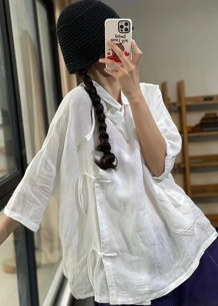 Simple White Oversized Chinese Button Linen Shirt Summer