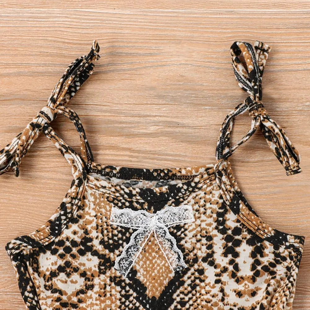 Infant Kids Baby Girl Snake Skin Pattern One-piece Jumpsuit, Sleeveless Flared Pants Lace-up Sling Bodysuit for Summer 6M-4T
