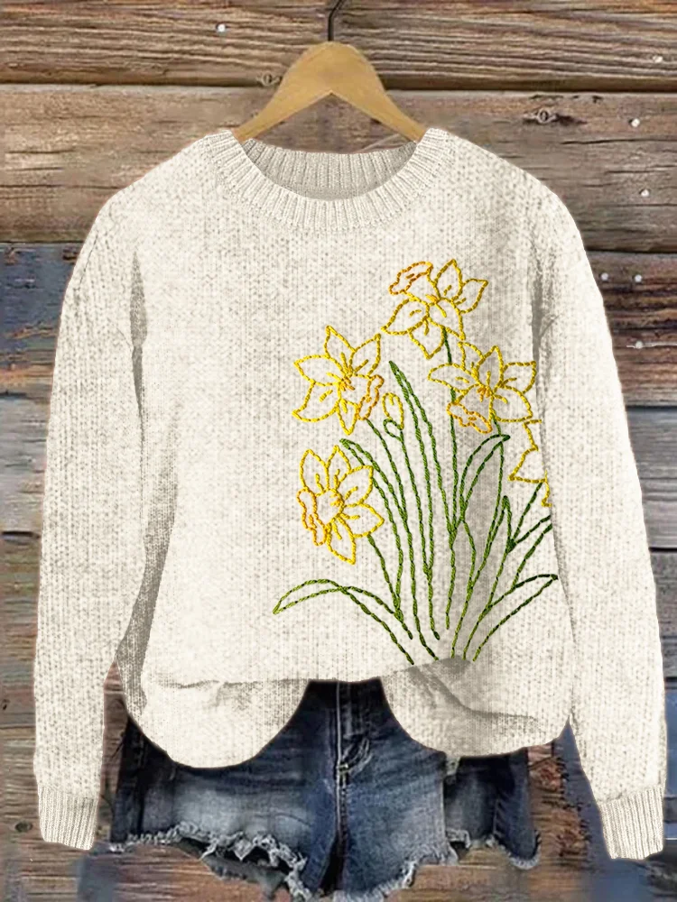 VChics Classy Welsh Daffodils Embroidered Cozy Sweater