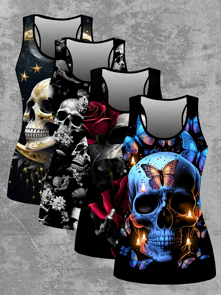 4pcs Women's Sleeveless Camisole Tops With Skull And Butterfly Print - Elegant, Slim Fit, Round Neck, Polyester, Perfect For Spring And Summer, Casual Attire | Butterfly Print Top | Polyester Fabric