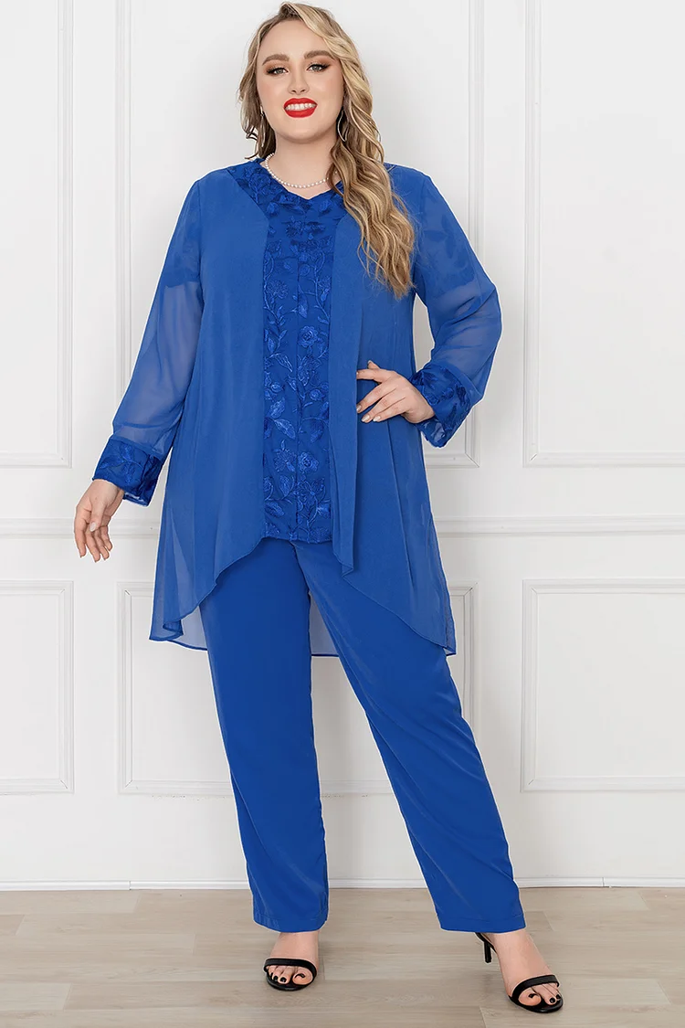 Flycurvy Plus Size Mother Of The Bride Royal Blue Embroidery Floral Print Jacket Three Piece Pant Suit  Flycurvy [product_label]
