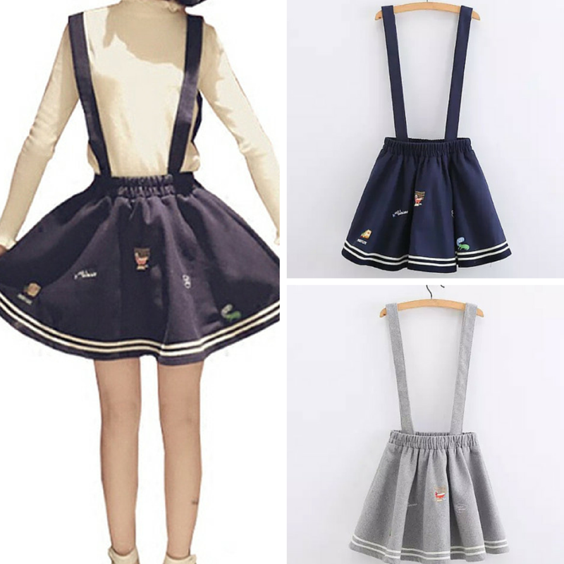 Gray/Navy Blue Kawaii Suspenders Skirt SP165498