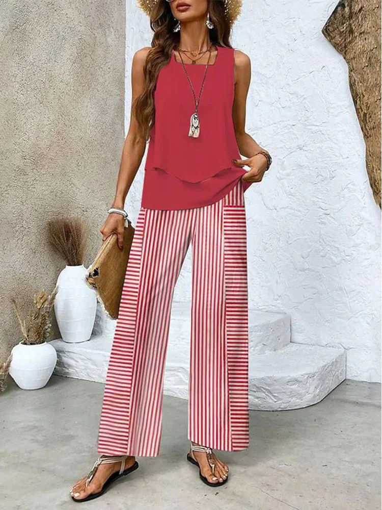Women's Plain Two-Piece Set Daily Sleeveless Casual Summer Top With Pants Matching Set