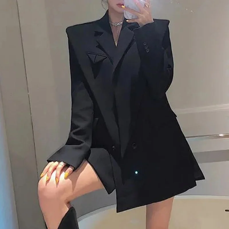 Oocharger Solid Color Shoulder Pads Blazer For Women Long Sleeves Patchwork Irregular Suits Female 2023 Spring Fashion New