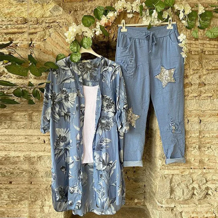 Women's Print Top Cropped Pants Casual Two Piece Set socialshop
