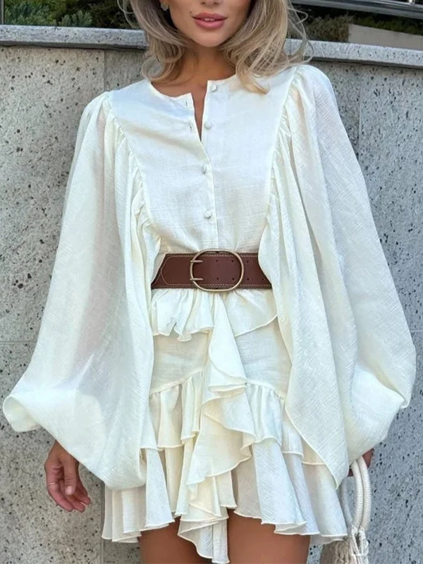 Button Front Long Sleeve Top & Ruffled Mini Skirt Set