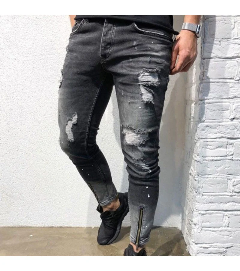 Men Cotton Paint Splatter Pattern Ripped Jeans