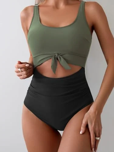 Women's One Piece Tummy Control Cut Out Tie Knot Swimsuit