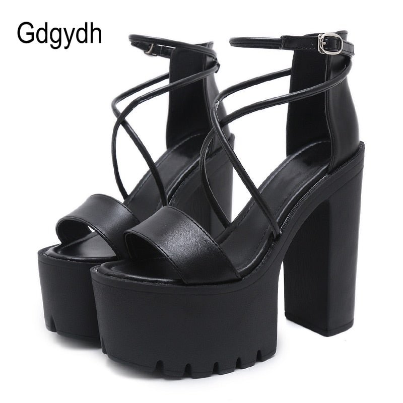 Gdgydh Platform Shoes For Summer Extreme High Heels Sandals Open Toe Fashion Buckle Block Heels Punk Black Leather Good Quality