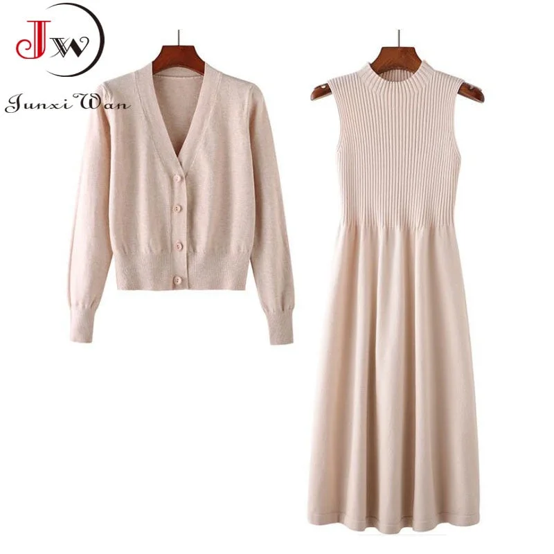 Women Suit Knitted Sweaters and Dress Two Pieces Set 2022 Autumn Winter Solid Casual Knitwear Cardigans Jumpers Pull Femme