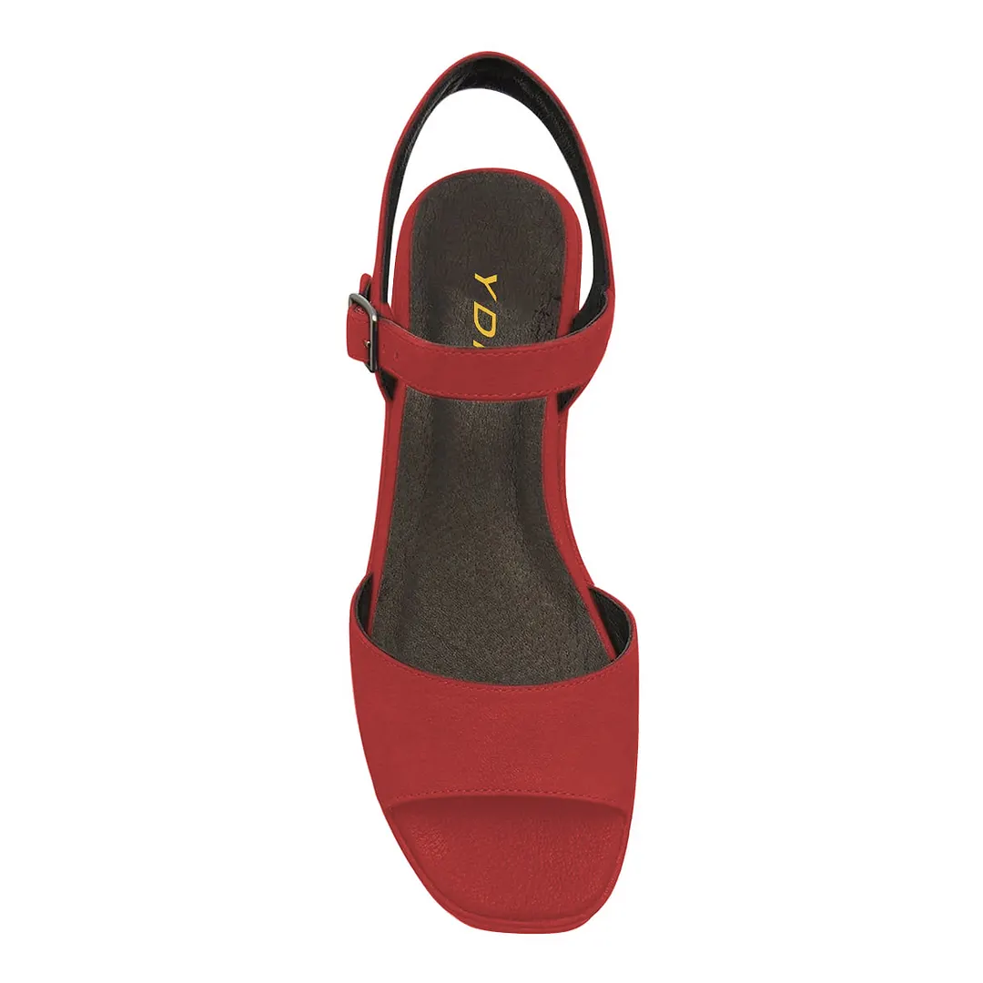 Vegan Suede Ankle Strap Open Toe Platform Heel Sandals in Red