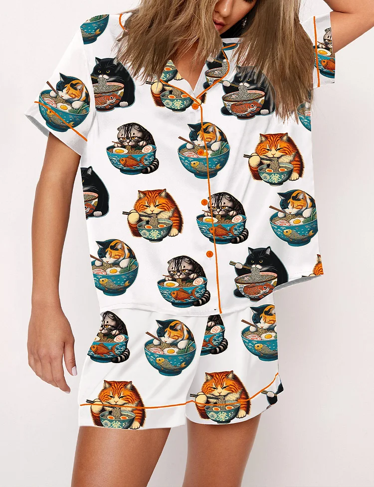Women's Chonky Black Cat Ramen Japanese Noodles Pajama Set
