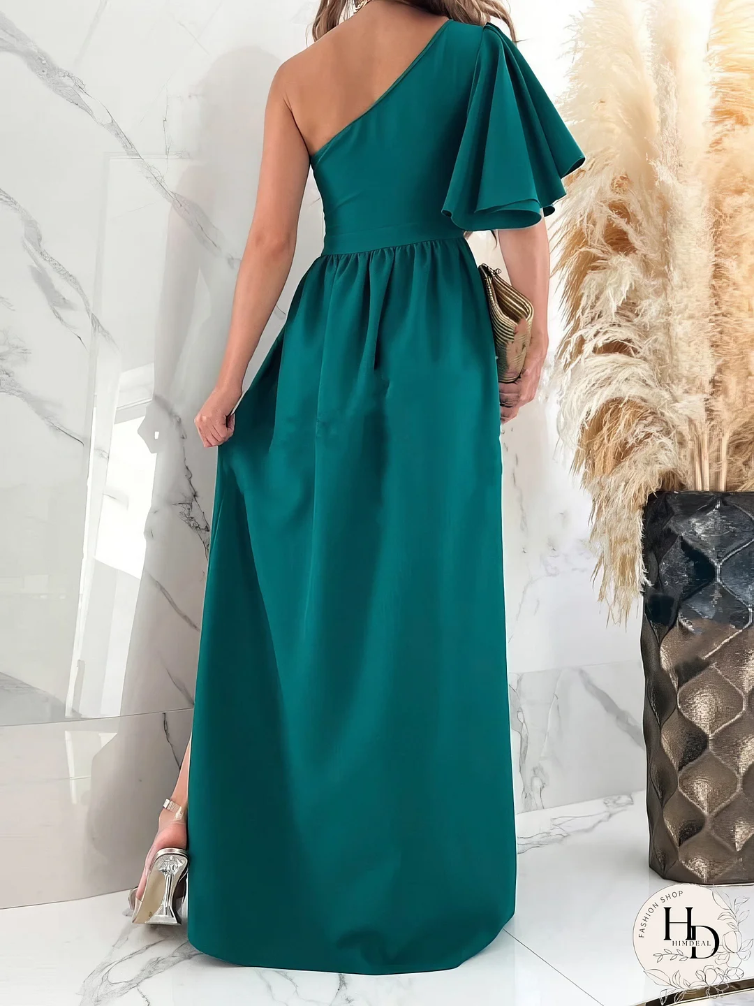 Solid Sloping Shoulder Slit Dress