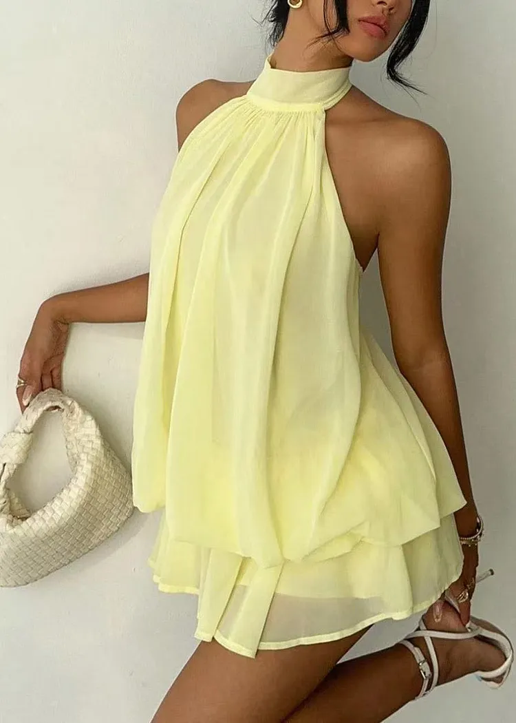 Women Yellow Cold Shoulder Chiffon Tea Dress Summer
