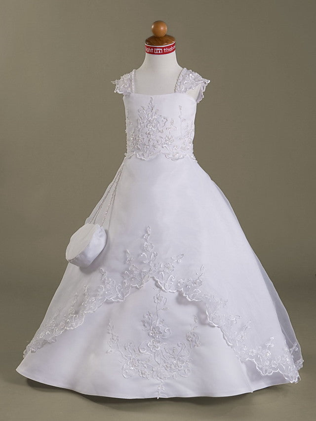 Oknass A-Line Sleeveless Square Neck Flower Girl Dresses Organza Satin  With Beading 