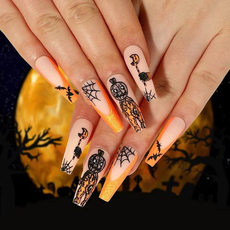 Halloween Orange Pumpkin Spider Net Bat Long False Nails