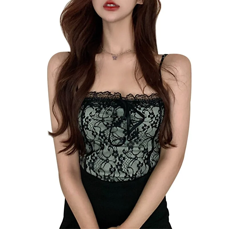Sexy Women Lace Tops Y2k Ladies Summer Party Floral Sleeveless Vest Tshirt Aesthetic Fashion Tank Chest Wrap Top