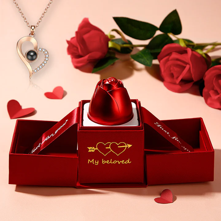 "I Love You" Necklace in 100 Languages + Rose Jewelry Box
