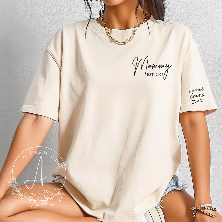 Personalized Mommy T Shirt With Kids Names On Sleeve, New Mom Gift,Mother's Day Gift