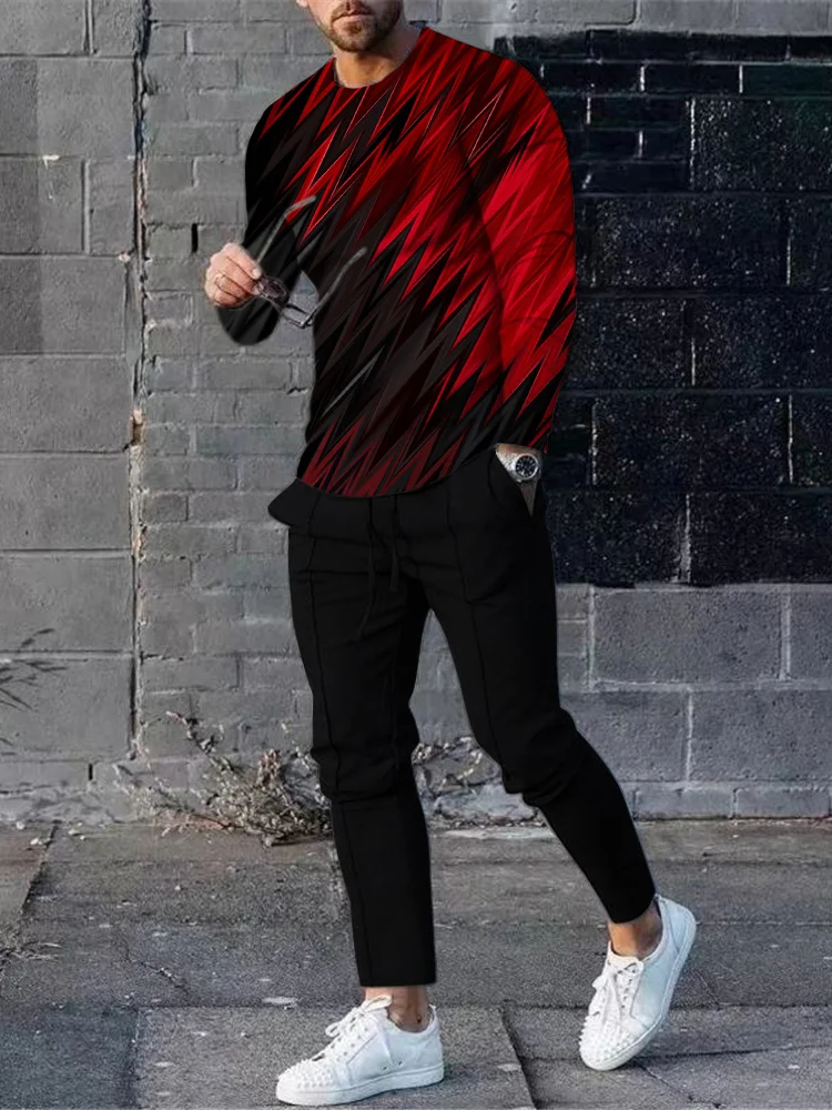 Men's fashion casual black print long sleeve two-piece set