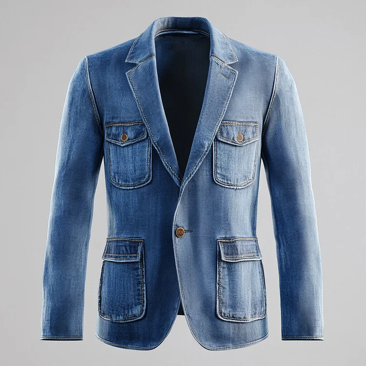 Men's Notch Lapel One Button Multiple Pockets Denim Jacket