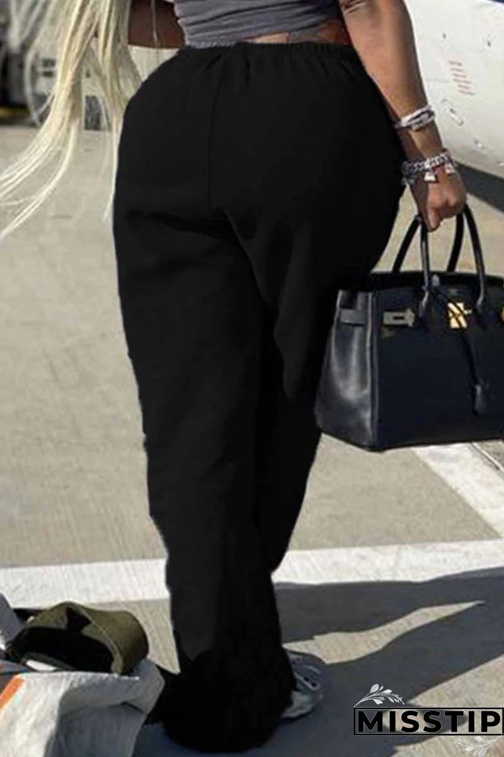 Burgundy Street Print Patchwork Straight Bottoms