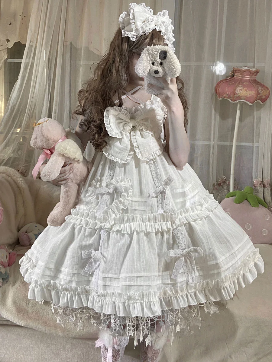 White Sweet Lolita Wedding Dress Sleeveless Bows Ruffles Lolita Jumper Skirt Novameme