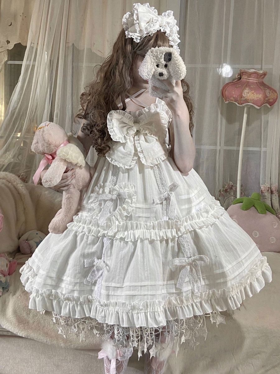 White Sweet Lolita Wedding Dress Sleeveless Bows Ruffles Lolita Jumper Skirt Novameme