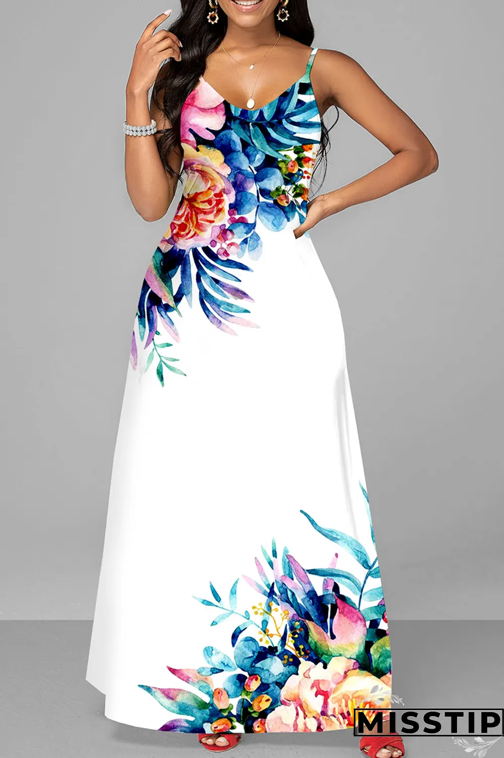 Black Fashion Print Patchwork Spaghetti Strap Straight Dresses
