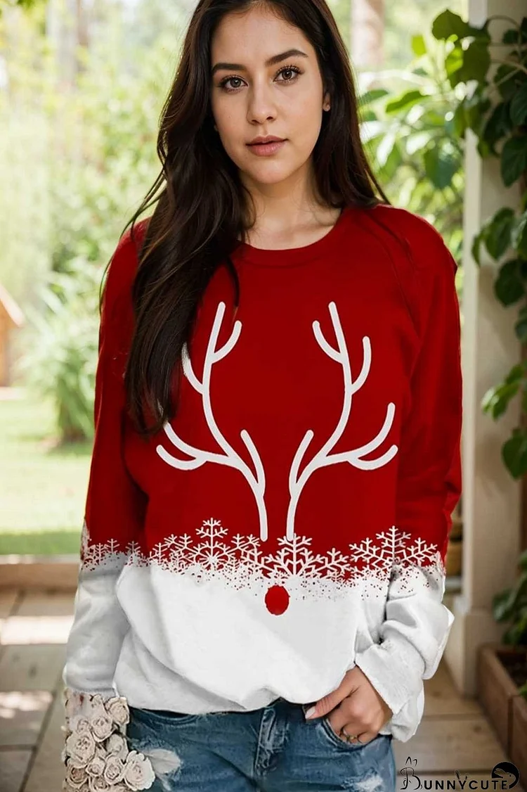 plus size christmas casual sweatshirt women s plus snowflake antler print long sleeve round neck medium stretch pullover top