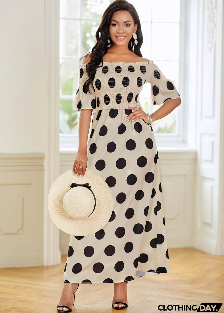 Shirred Polka Dot Off Shoulder Dress