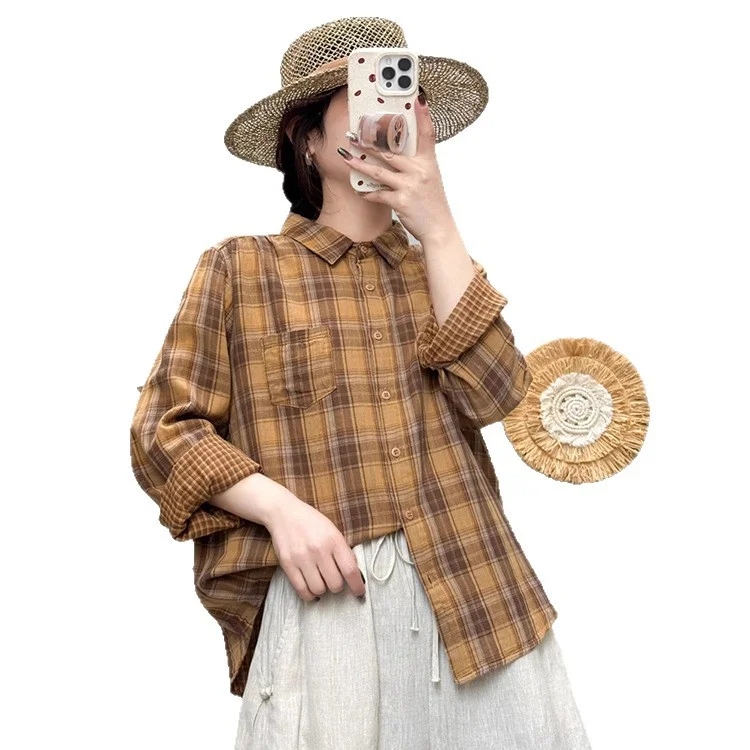 Athvotar Athvotar Spring And Autumn New Art Retro Long-Sleeved Shirt Women Loose Leisure Shirt Shirt Double Cotton Yarn Plaid