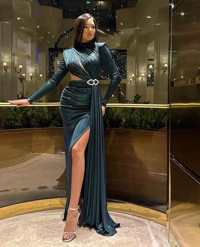 Lisliy Deep Blue Taffeta Mermaid Prom Dress Split with Long Sleeves 
