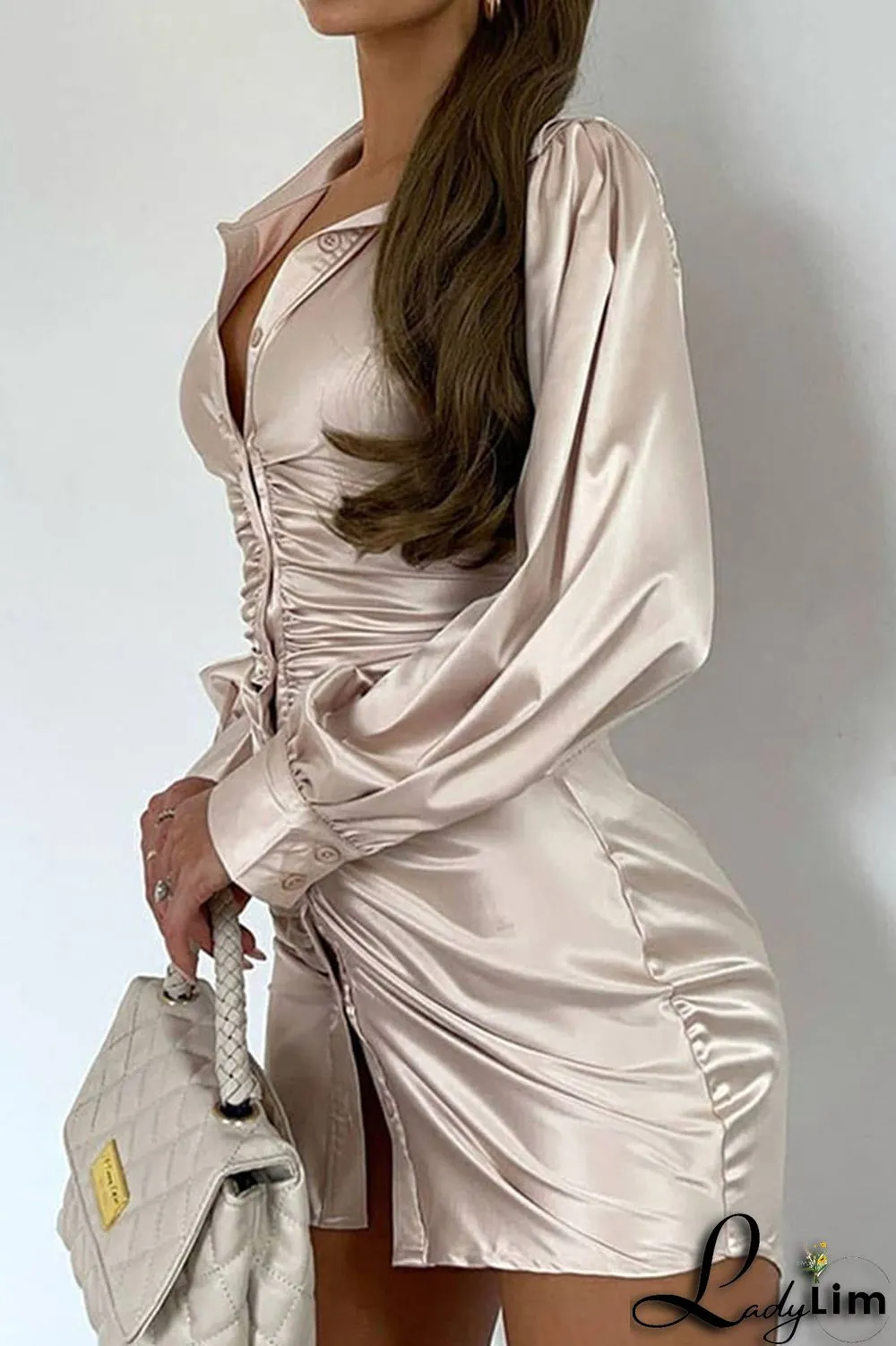 Tangerine Red Sexy Solid Bandage Split Joint Buckle Backless Fold Turndown Collar Shirt Dress Dresses