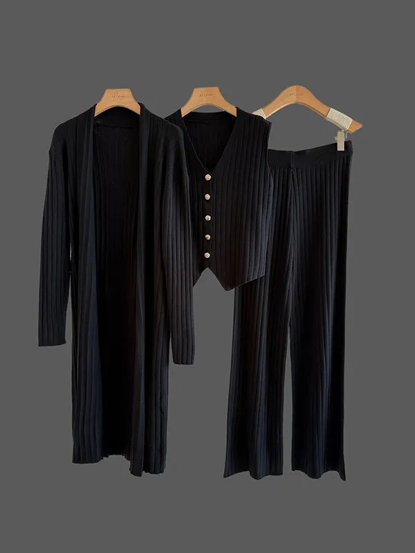 Knitting Sleeveless V-Neck Vest Top +  Long Sleeves Cardigan + High Waisted Pants Three Pieces Set