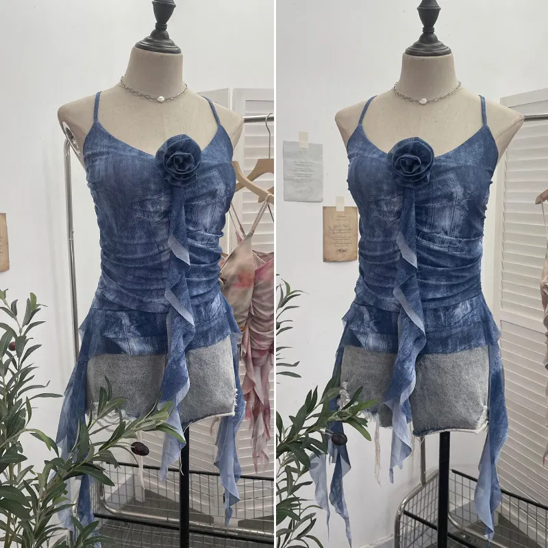 Uveng Asymmetrical Lotus Leaf Side Flower V-Neck Sling Vest Dyed Mesh Cross-Sleeveless Top 6109