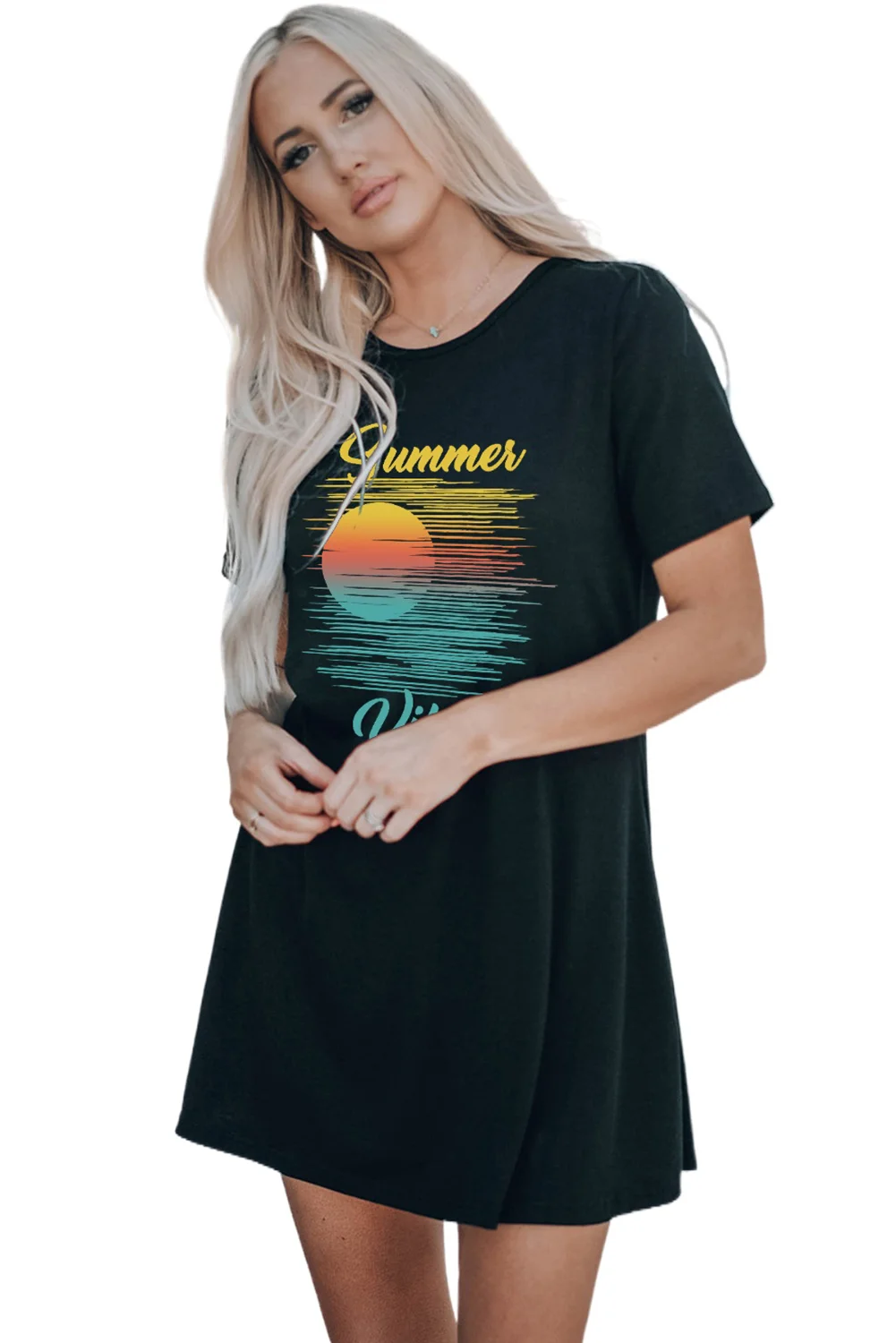 Black Summer Vibes Color Block Short Sleeve Mini Dress