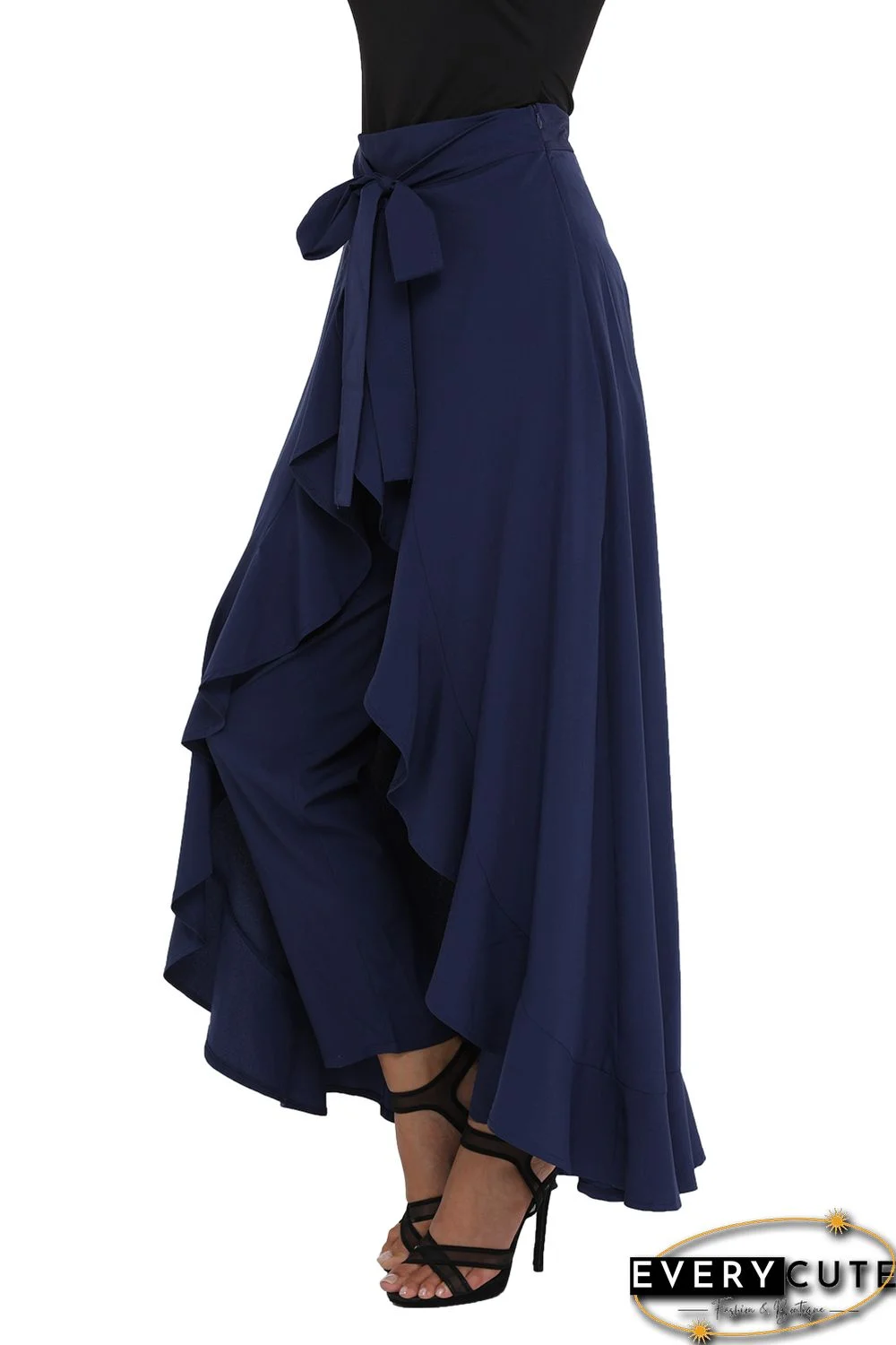 Navy Chiffon Tie-Waist Ruffle Palazzo Pants