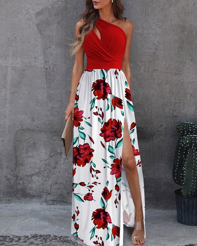 Ladies Sexy Hollow Out Sleeveless Party Dress Women Elegant Off Shoulder Split Long Dress Fashion Printing Femme Dress Vestidos - Life is Beautiful for You - SheChoic